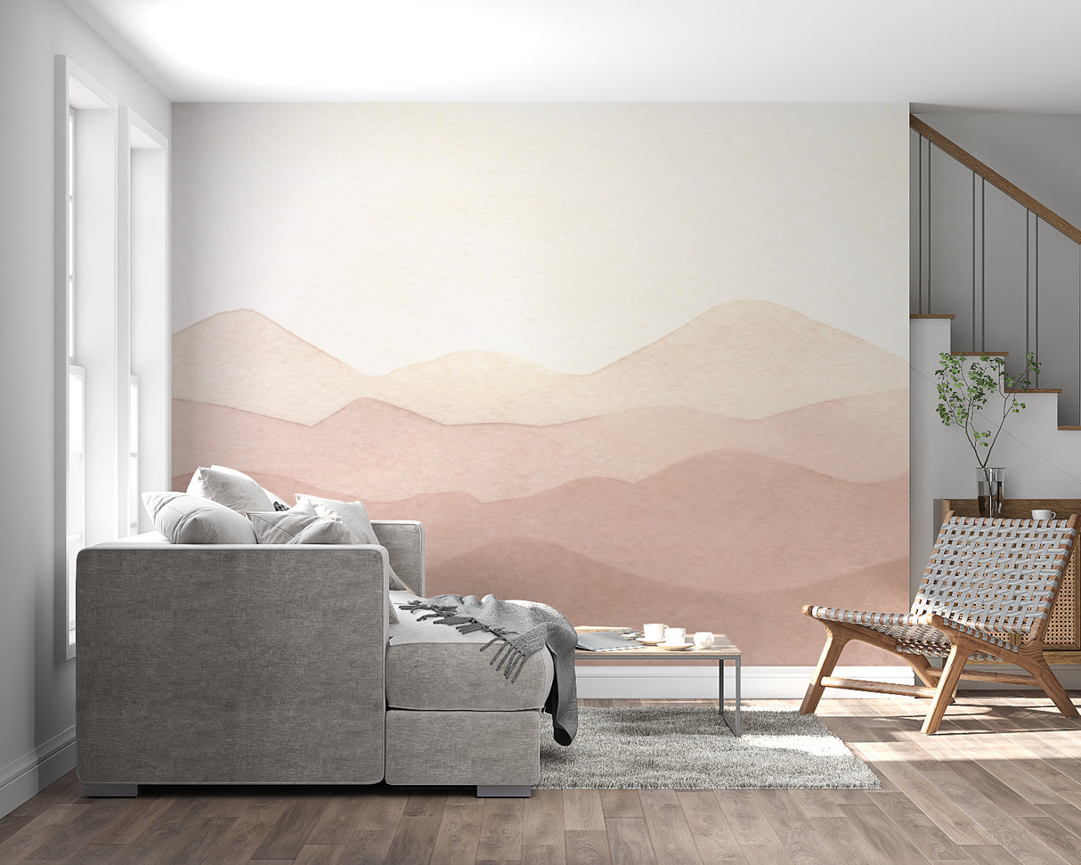 Abstract mountain mural creating warmth in an entryway setting
