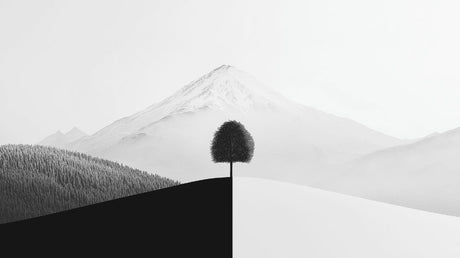Black and white mountain landscape design file showing geometric peaks and solitary tree pattern