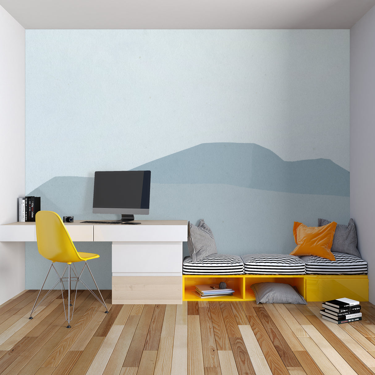Minimalist mountain mural in dining room showing scale and atmosphere