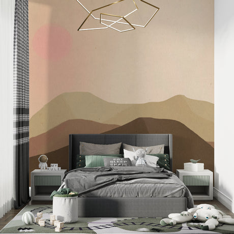 Mountain landscape wallpaper in modern living room creating depth with warm sunset tones