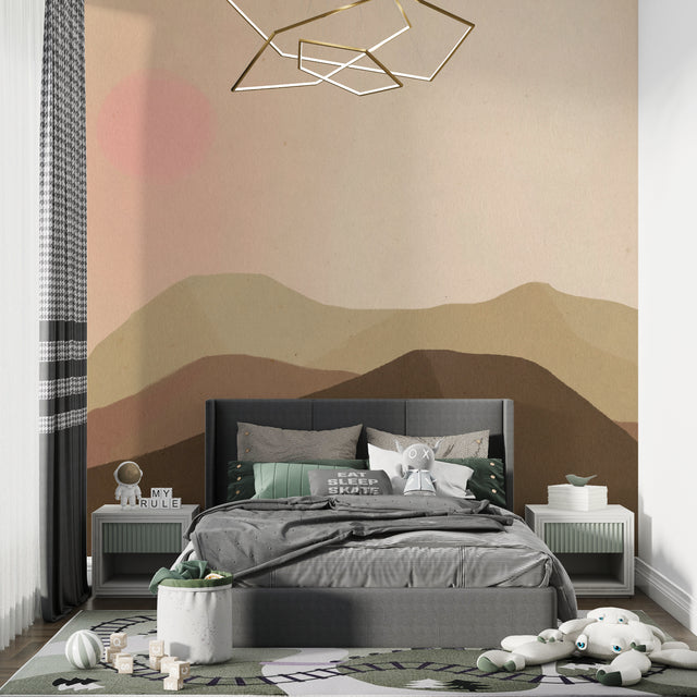 Mountain landscape wallpaper in modern living room creating depth with warm sunset tones