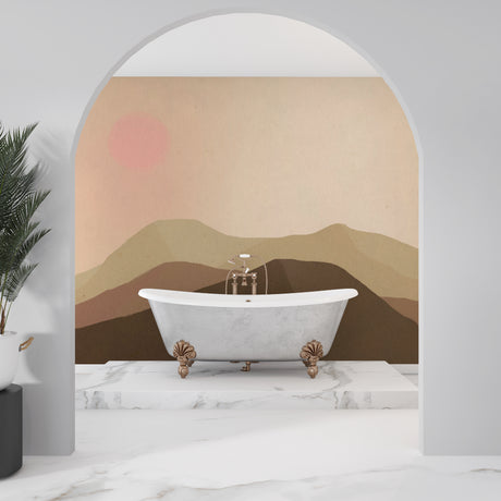 Desert Mountain Wallpaper creating depth in modern living room with minimal furniture