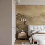 Beige mountain wallpaper in a cozy bedroom setting with natural light