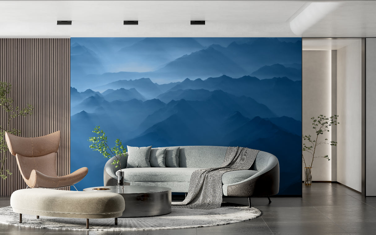 Blue mountain mural in peaceful bedroom setting with minimal furniture