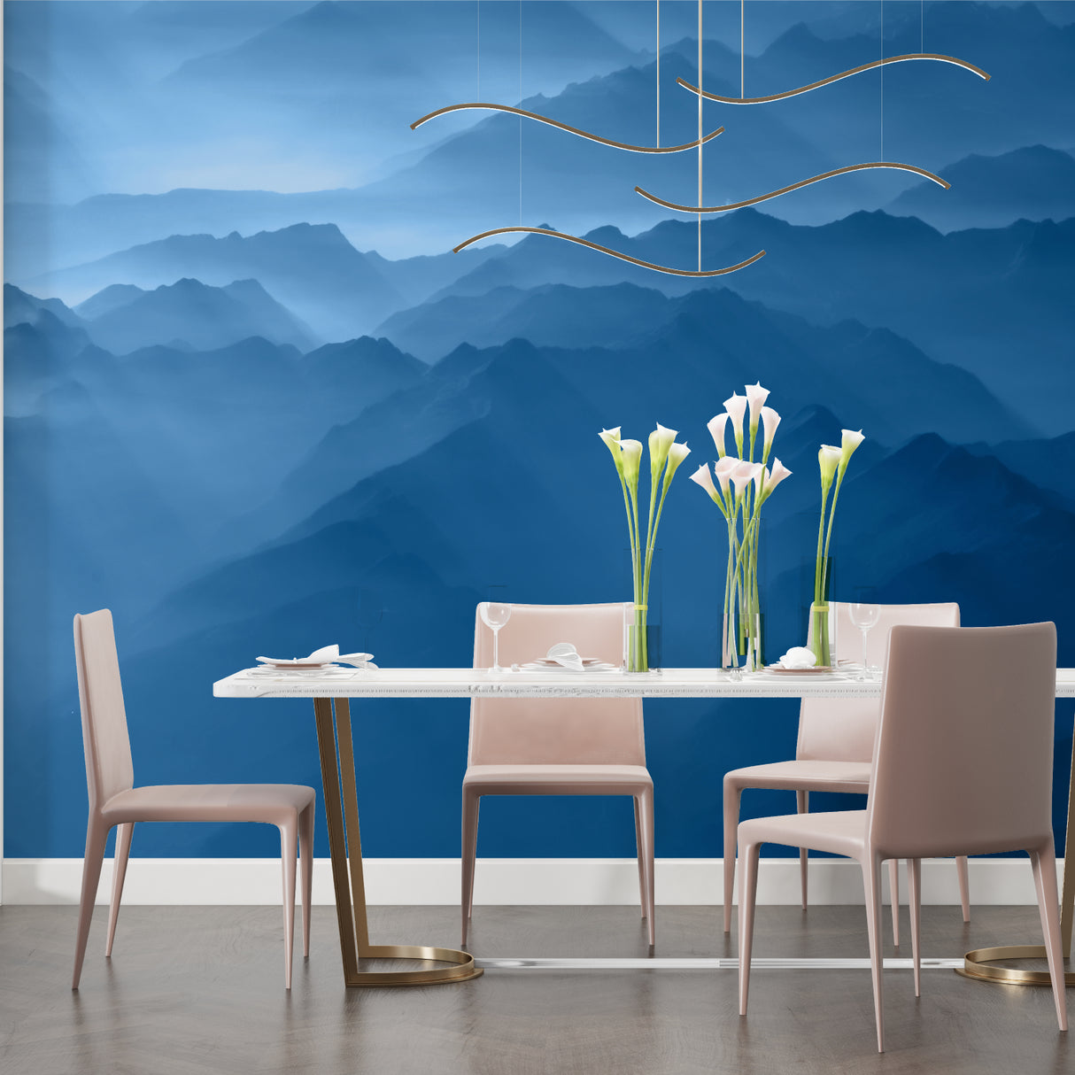 Mountain wallpaper making statement in home office with desk and chair
