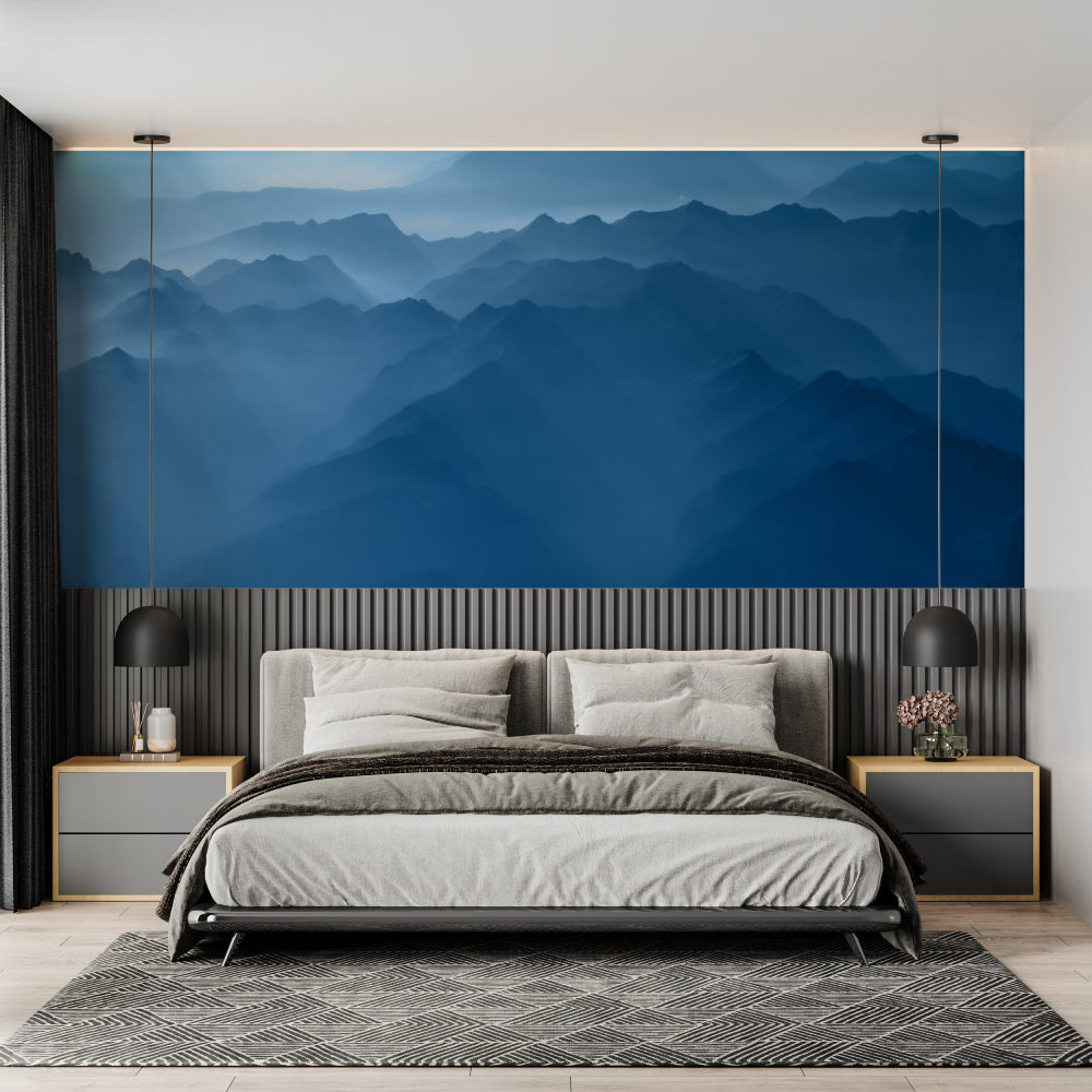 Mountain range mural adding depth to meditation room corner