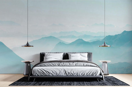 Mountain mural wallpaper creating depth in modern living room with grey sofa