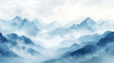 Mountain landscape wallpaper design file showing full misty blue watercolor pattern