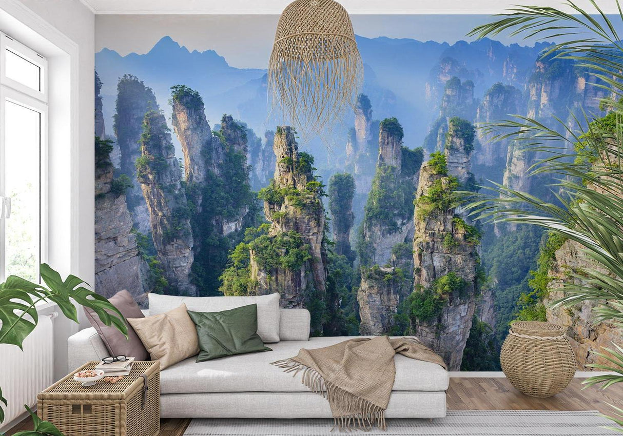 Mountain landscape wallpaper adding serenity to master bedroom with minimal furniture