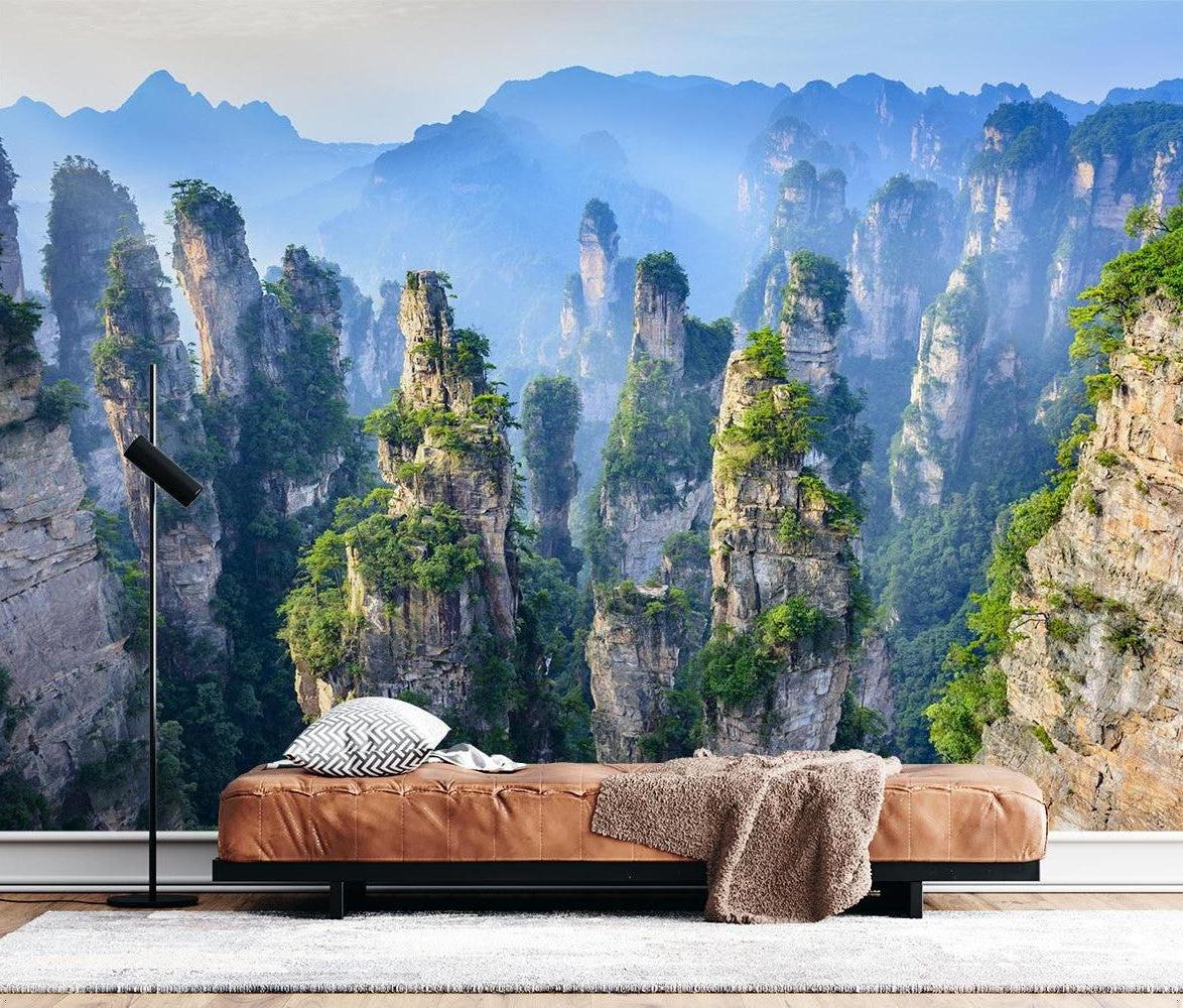 Scenic mountain wallpaper creating focal point in meditation room setup
