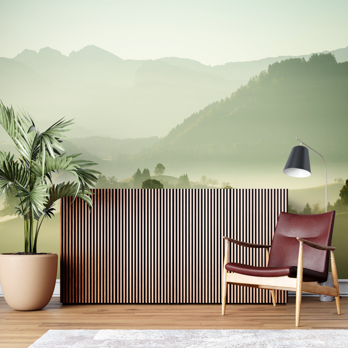 Misty forest mural wallpaper in a cozy bedroom setting with wooden furniture
