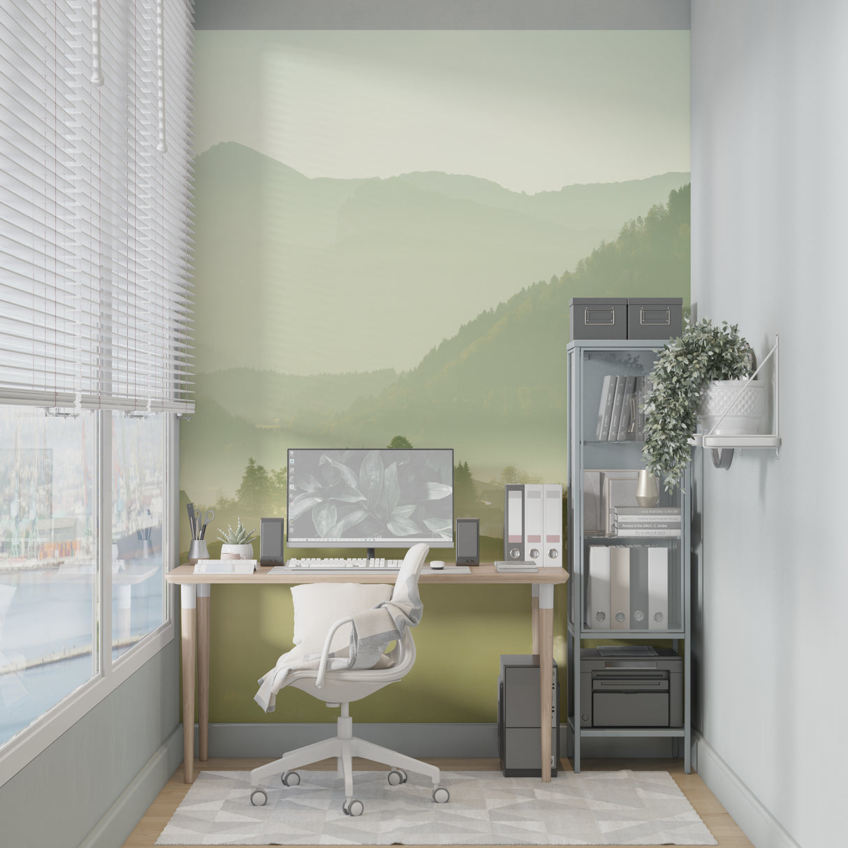 Nature landscape wallpaper featured in a dining room with contemporary decor
