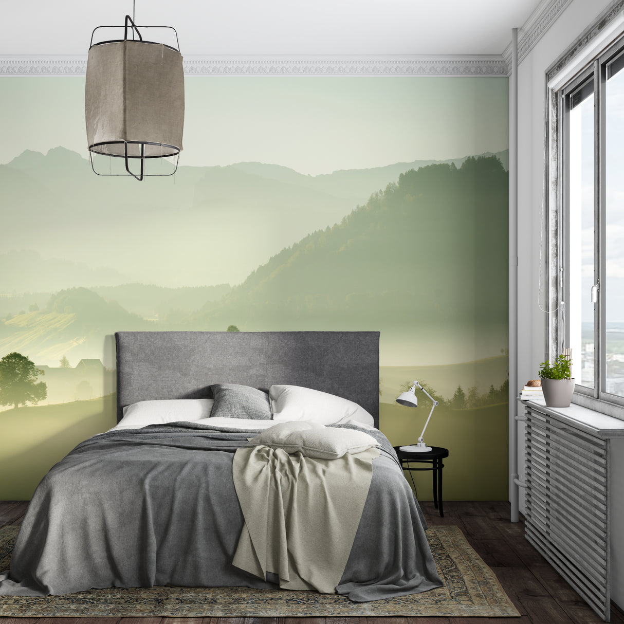 Misty mountain mural creating atmosphere in a peaceful meditation room