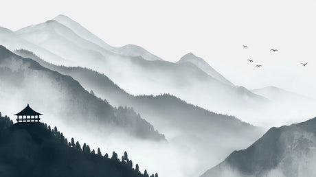 Mountain landscape wallpaper creating depth in modern living room with grey sofa and natural light