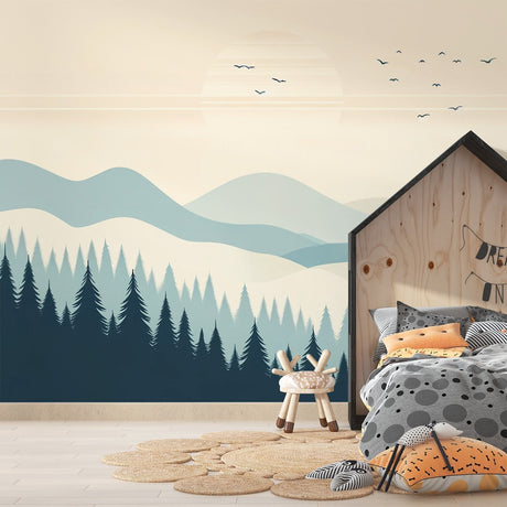 Mountain landscape wallpaper creating depth in a modern living room with natural light and minimal furniture