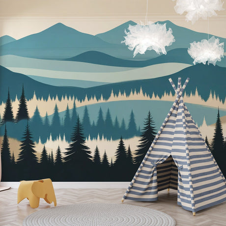 Mountain landscape wallpaper creating depth in a modern living room, teal misty peaks above bed