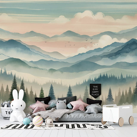 Mountain landscape wallpaper creating depth in a modern living room with natural light streaming through windows