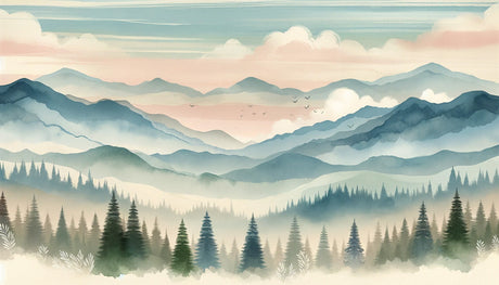 Mountain forest watercolor design file showing intricate misty peaks and detailed forest elements