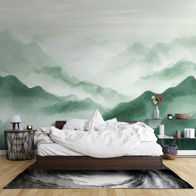 Misty mountain mural bringing serenity to a master bedroom with morning light