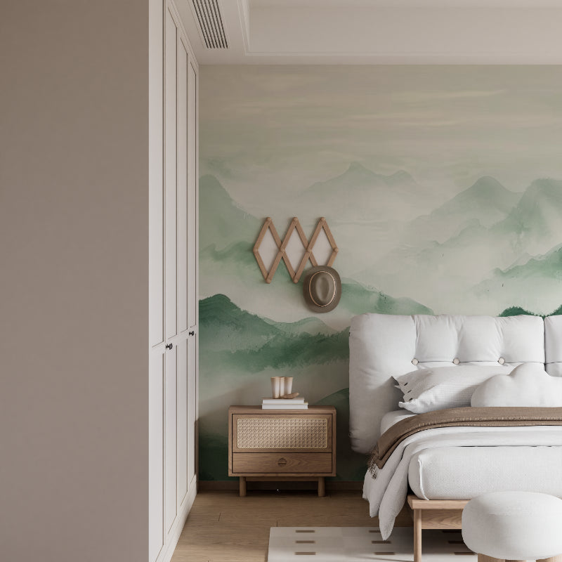 Forest landscape wallpaper in a home office setting with natural wood elements