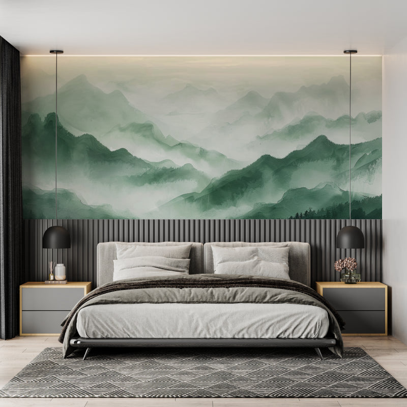 Mountain vista wallpaper creating a focal point in a meditation room