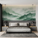 Mountain vista wallpaper creating a focal point in a meditation room