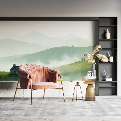Mountain landscape wallpaper creating depth in a modern living room with natural light