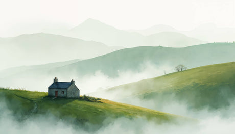 Mountain landscape wallpaper design file showing detailed misty green watercolor pattern