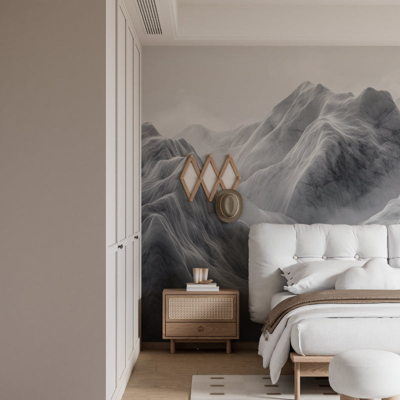Dining room showcase of misty mountain wallpaper with contemporary furniture