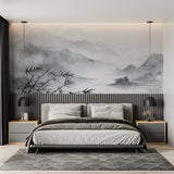 Japanese mountain mural in meditation room showing misty peaks and bamboo silhouettes