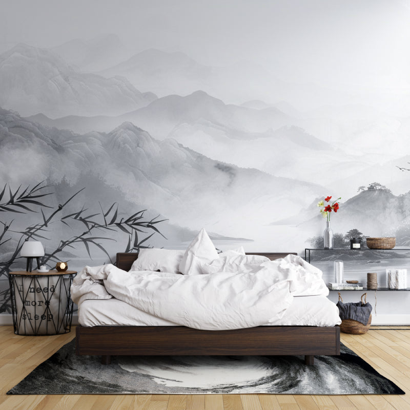 Misty mountain wallpaper in bedroom showing soft grey tones and Asian aesthetic