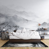 Misty mountain wallpaper in bedroom showing soft grey tones and Asian aesthetic