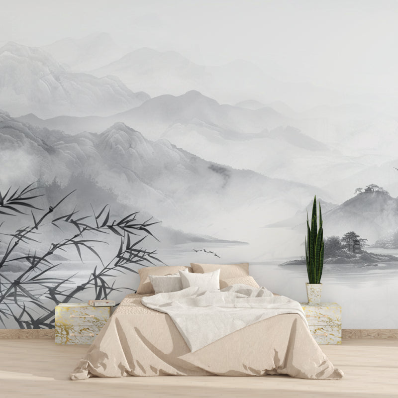 Mountain landscape mural creating zen atmosphere in home office space