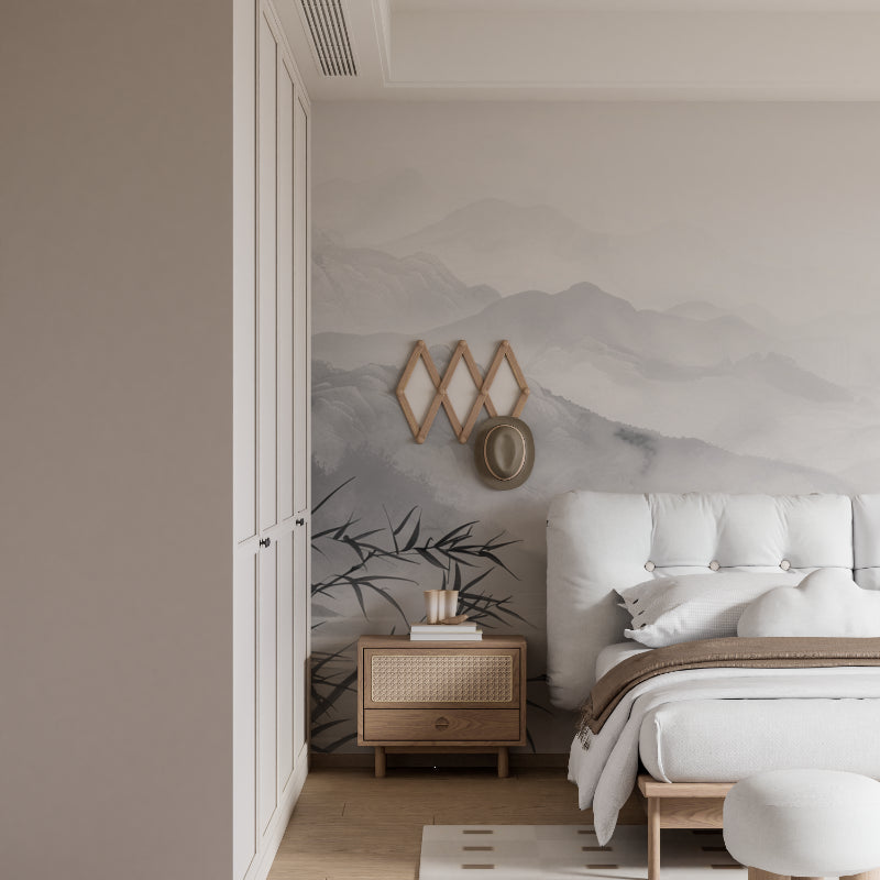 Japanese inspired mountain mural in dining room with natural lighting
