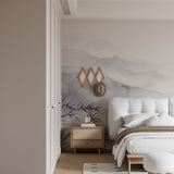 Japanese inspired mountain mural in dining room with natural lighting