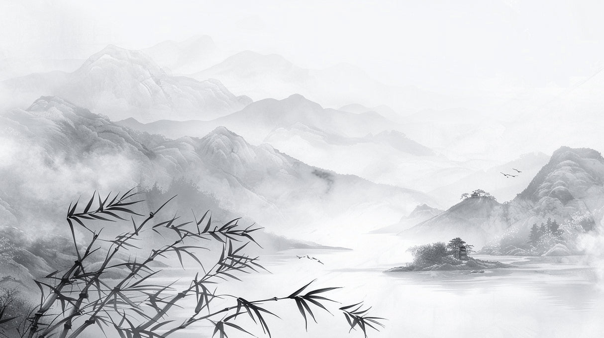 Design file showing detailed mountain landscape pattern with bamboo silhouettes and misty peaks