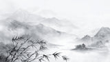Design file showing detailed mountain landscape pattern with bamboo silhouettes and misty peaks