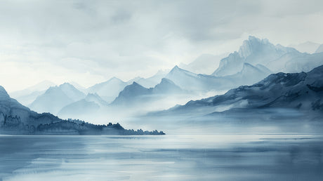 Design file showing full mountain lake landscape pattern with misty blue tones