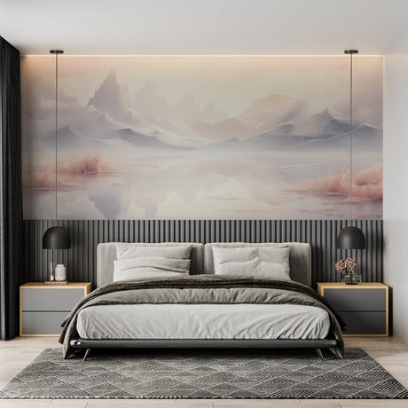 Mountain landscape wallpaper in modern living room setting, creating depth with misty peaks reflecting on lake