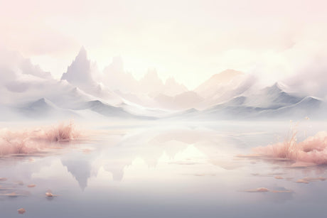 Mountain and lake watercolor design file showing full pattern detail and soft color palette