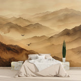 Home office with scenic mountain mural wallpaper showing misty peaks