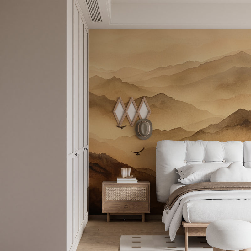 Hallway featuring panoramic mountain wallpaper with layered misty peaks