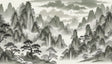 Mountain landscape wallpaper creating a peaceful backdrop in a modern living room with grey sofa