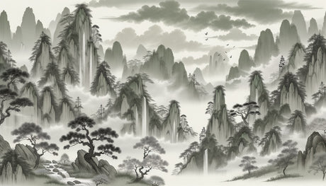 Mountain landscape wallpaper creating a peaceful backdrop in a modern living room with grey sofa