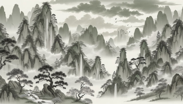 Mountain landscape wallpaper creating a peaceful backdrop in a modern living room with grey sofa