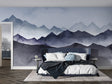 Mountain mural wallpaper creating a calming atmosphere in a modern living room with grey sofa