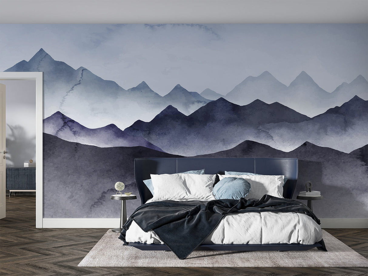 Mountain mural wallpaper creating a calming atmosphere in a modern living room with grey sofa