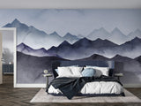 Mountain mural wallpaper creating a calming atmosphere in a modern living room with grey sofa