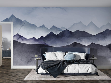 Mountain mural wallpaper creating a calming atmosphere in a modern living room with grey sofa
