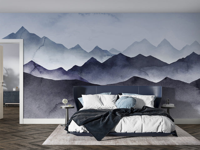 Mountain mural wallpaper creating a calming atmosphere in a modern living room with grey sofa